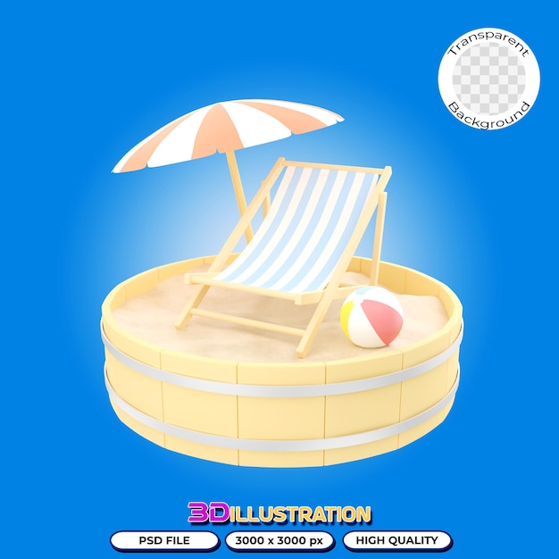 Illustrazione 3D di un ombrellone da spiaggia e un pallone da spiaggia su un podio di sabbia