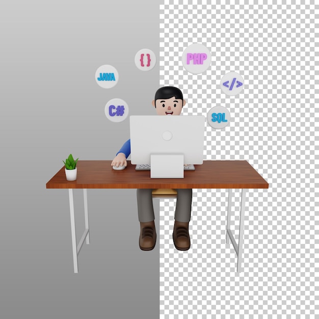 Illustrazione 3D di un programmatore che lavora su un computer con sfondo trasparente