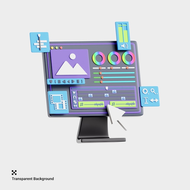 Illustrazione 3D di un software di editing avanzato per video