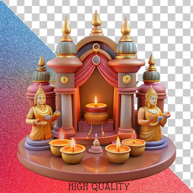 Illustrazione 3D di un tempio d'oro con statue e candele