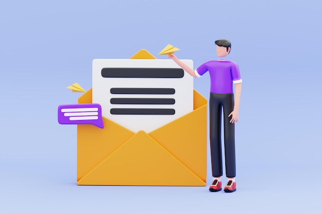 Illustrazione 3D di un uomo d'affari che comunica tramite e-mail
