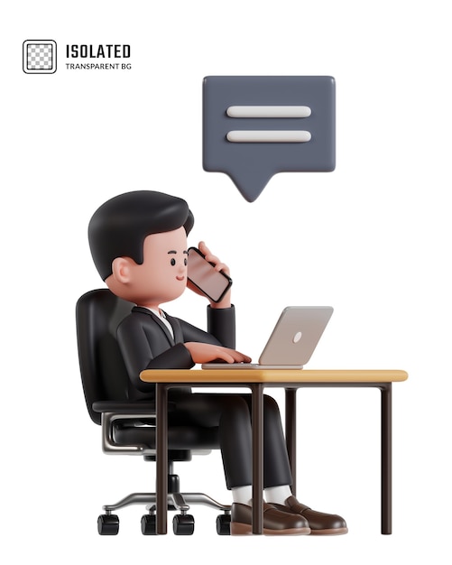Illustrazione 3D di un uomo d'affari di cartoni animati che lavora sul portatile mentre parla al telefono