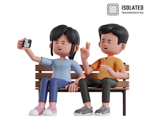 Illustrazione 3D di un uomo e una donna che si fanno un selfie su una panchina del parco