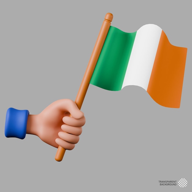 Illustrazione 3D di una mano che tiene la bandiera dell'Irlanda
