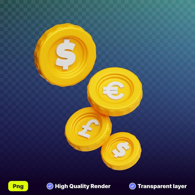 Illustrazione 3D di una pila di monete d'oro in dollari sullo sfondo trasparente