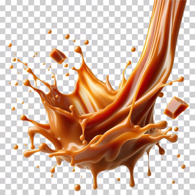 Illustrazione 3D di una salsa di caramello liquido spruzzata su uno sfondo trasparente