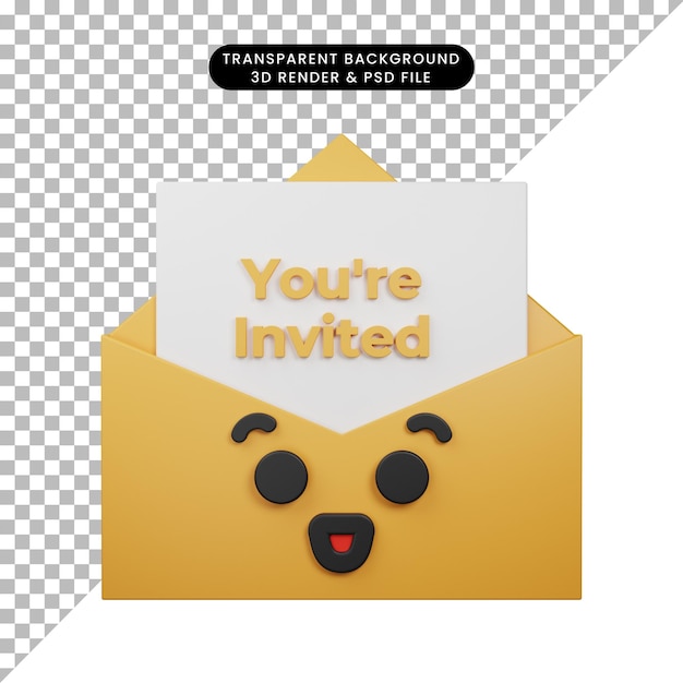 Illustrazione 3d di una semplice icona emoji e-mail felice con stile di rendering 3d della busta