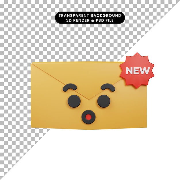 Illustrazione 3d di una semplice icona emoji sorpresa e-mail con stile di rendering 3d della busta