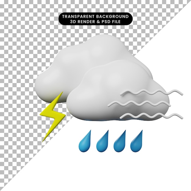 Illustrazione 3D di una semplice icona meteo concetto pioggia con tuoni e ventoso