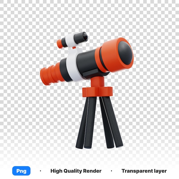 Illustrazione 3D di una telecamera con un grande telescopio a lente per guardare nello spazio sullo sfondo trasparente