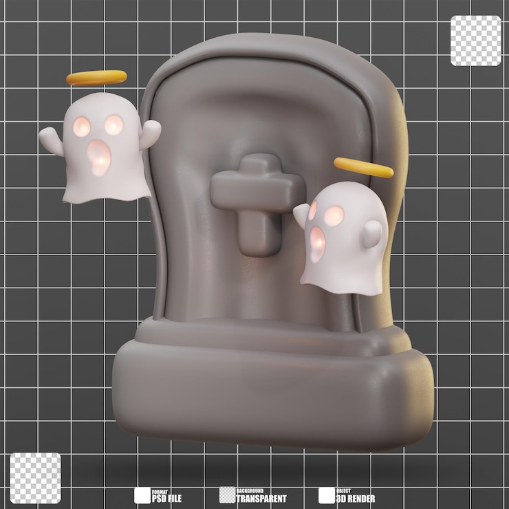 PSD illustrazione 3d due fantasmi amichevoli sorvolano vicino a una lapide grigia 2