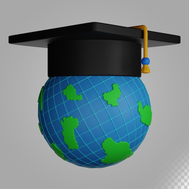 illustrazione 3d globo del mondo e cappello di laurea