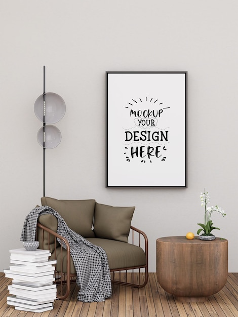 Illustrazione 3D Modello di cornice fotografica nel rendering del soggiorno