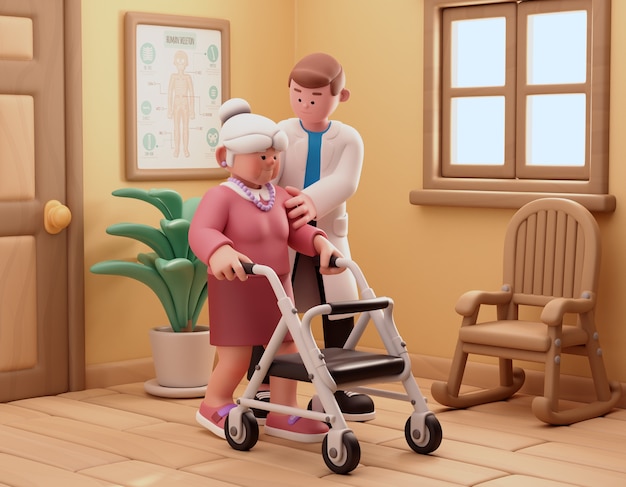 illustrazione 3d per casa di cura con donna e sedia a rotelle
