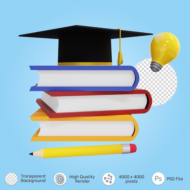 illustrazione 3d per lo studio del concetto con tappo di graduazione pila di libri matita e lampadina