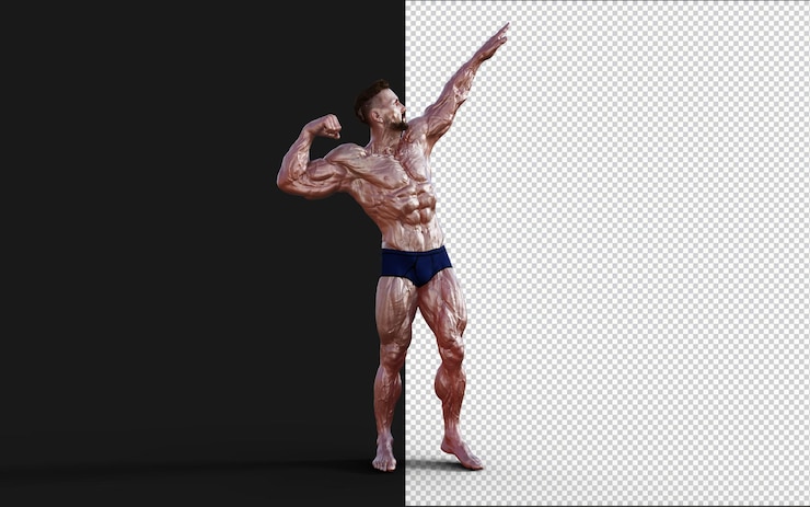 PSD illustrazione 3d ragazzo senza camicia in mutandine blu che mostra il suo corpo muscoloso uomo bodybuilder