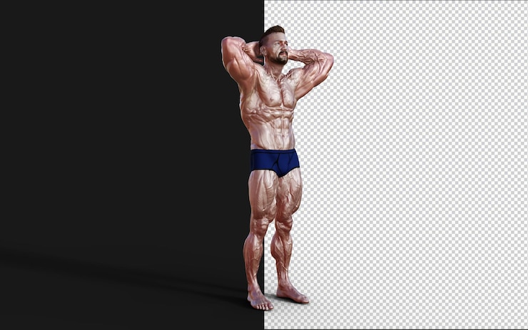 PSD illustrazione 3d ragazzo senza camicia in mutandine blu che mostra il suo corpo muscoloso uomo bodybuilder
