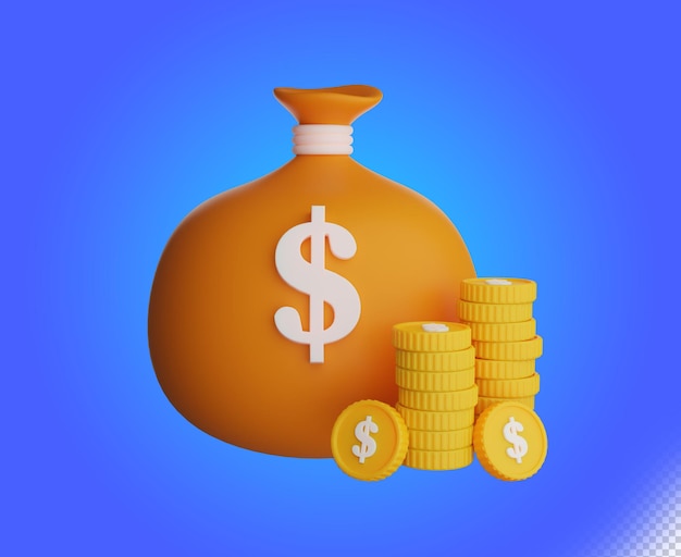 illustrazione 3d sacchetto di denaro dollaro e moneta pila