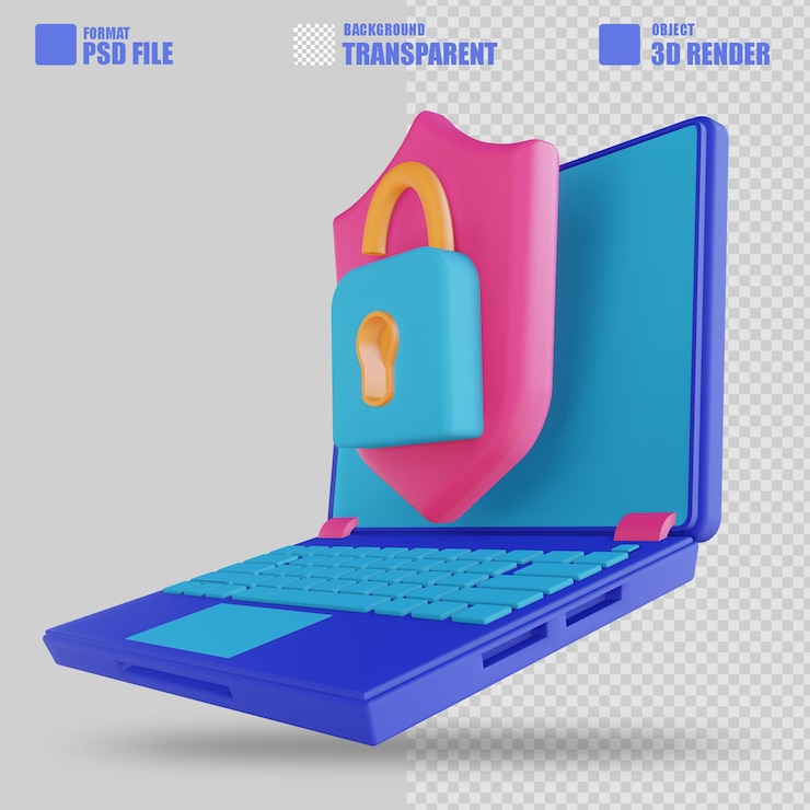PSD illustrazione 3d sblocco di sicurezza del laptop 2