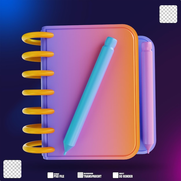 Illustrazione 3D taccuino colorato e matita