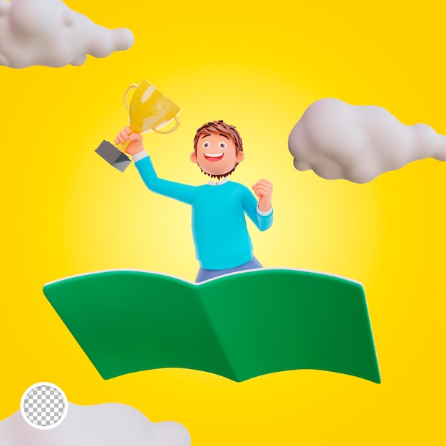 illustrazione 3d uno studente che guida un libro che tiene un trofeo