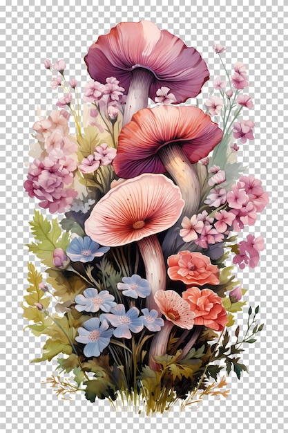 Illustrazione a acquerello di funghi e bouquet di fiori isolati trasparenti