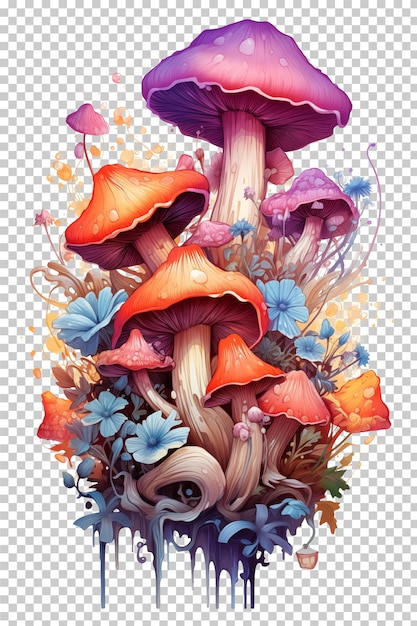 Illustrazione a acquerello di funghi e bouquet di fiori isolati trasparenti