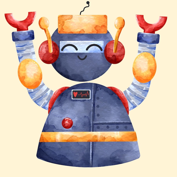 PSD illustrazione ad acquerello di un carino personaggio robot con un'espressione adorabile e felice