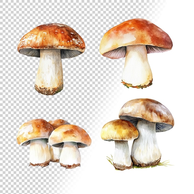 Illustrazione ad acquerello di vari funghi Boletus