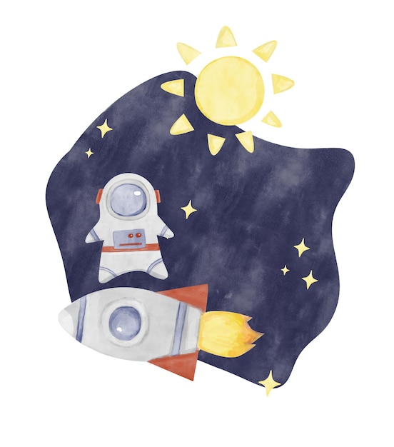 Illustrazione ad acquerello Spazio con Rocket Astronaut Stars Sole su sfondo blu per la stampa