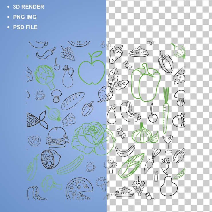 PSD illustrazione alimentare di doodle con frutta e verdura