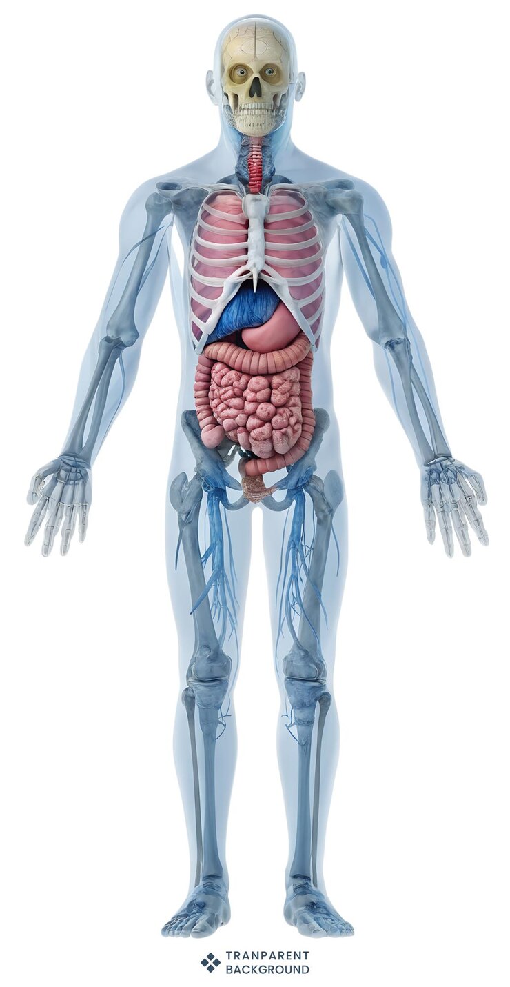 PSD illustrazione anatomica del corpo umano con organi interni e diagramma medico dello scheletro