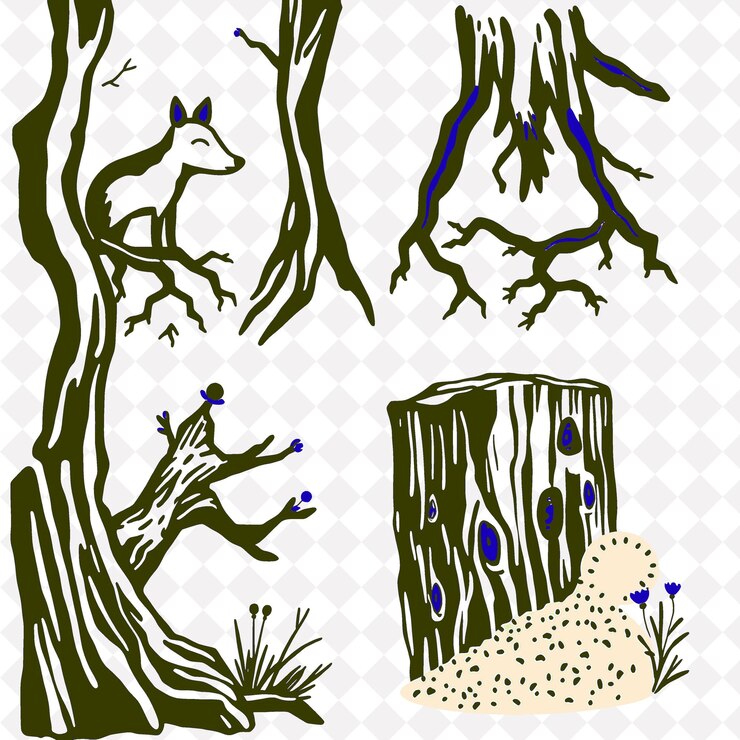 PSD illustrazione animali selvatici radici corteccia muschio morbido animali nascosti all'interno della foresta radici torci thr