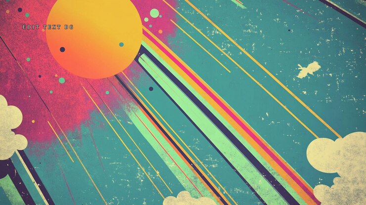 PSD illustrazione astratta di sunburst con linee colorate, consistenza grunge e nuvole