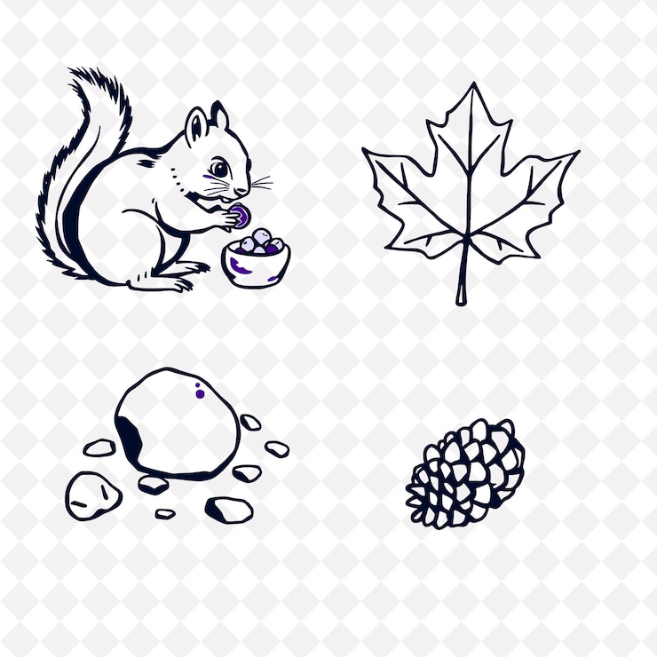 PSD illustrazione chipmunk maple leaf rock pinecone un chipmunk che raccoglie cibo una foglia di acero in intricato