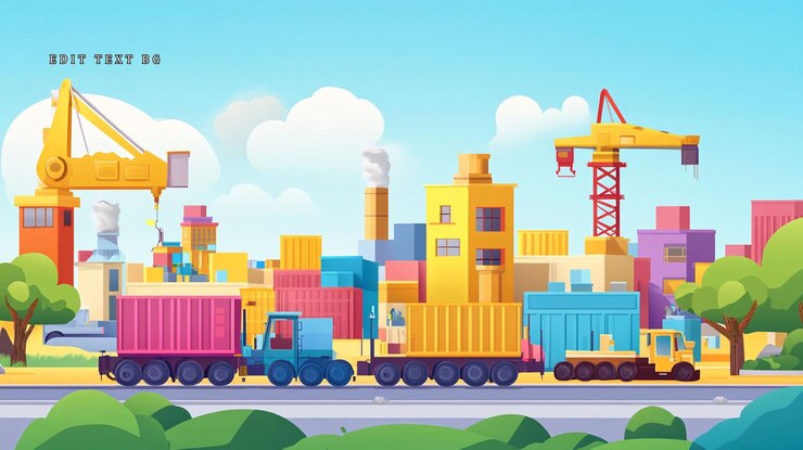 PSD illustrazione colorata di un porto industriale affollato con camion merci, gru e fabbriche
