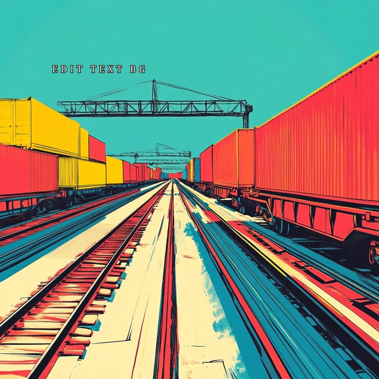 PSD illustrazione colorata di un treno merci con container sui binari ferroviari