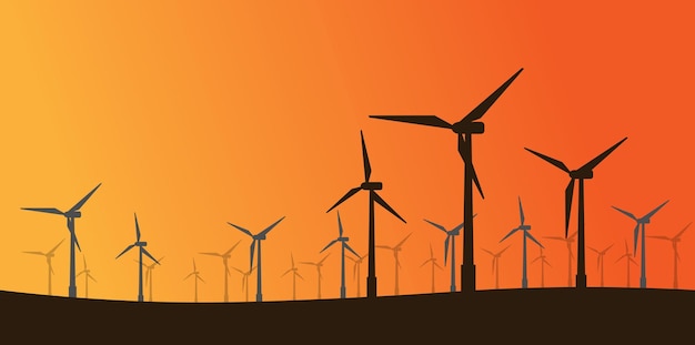 Illustrazione del concetto di energia rinnovabile delle turbine eoliche a silhouette al tramonto