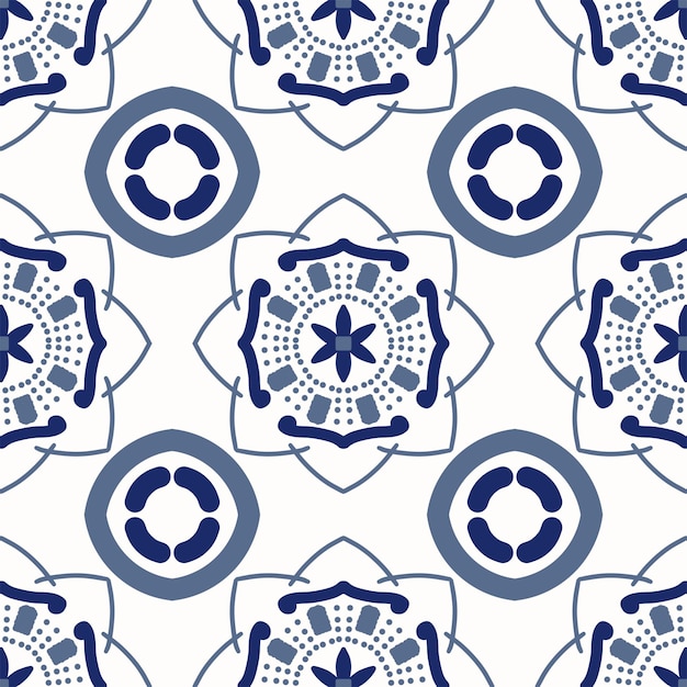 Illustrazione del design del modello di piastrelle geometriche di colore blu e bianco con stile retro