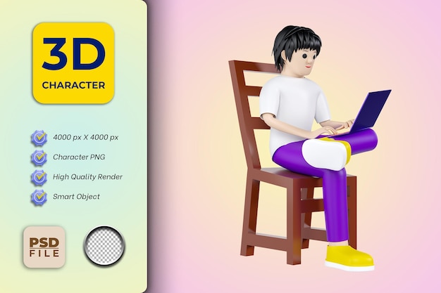 Illustrazione del personaggio dei cartoni animati maschile 3d seduto su una sedia di legno mentre si lavora utilizzando un laptop