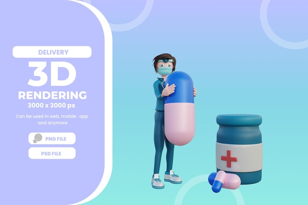 Illustrazione del personaggio dell'infermiera della rappresentazione 3d con il psd premium della medicina