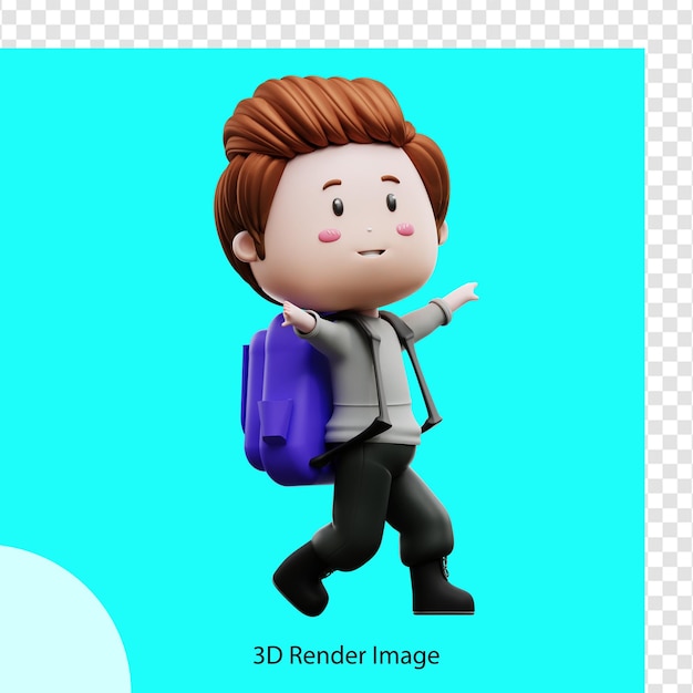 Illustrazione del rendering 3d di un ragazzo che indossa una borsa da scuola