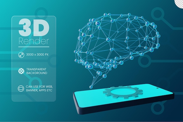 Illustrazione del telefono cellulare cerebrale e dell'ingranaggio 3d