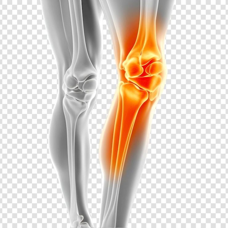 PSD illustrazione dell'anatomia del dolore dell'articolazione del ginocchio umano xray style orange highlight