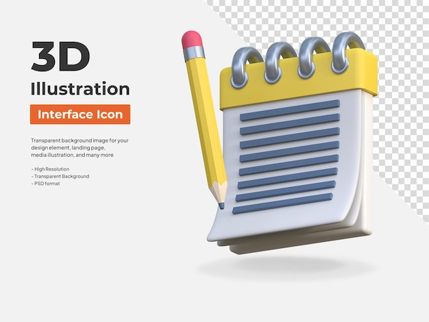 Illustrazione dell'icona 3d isolata dell'interfaccia dell'applicazione Note