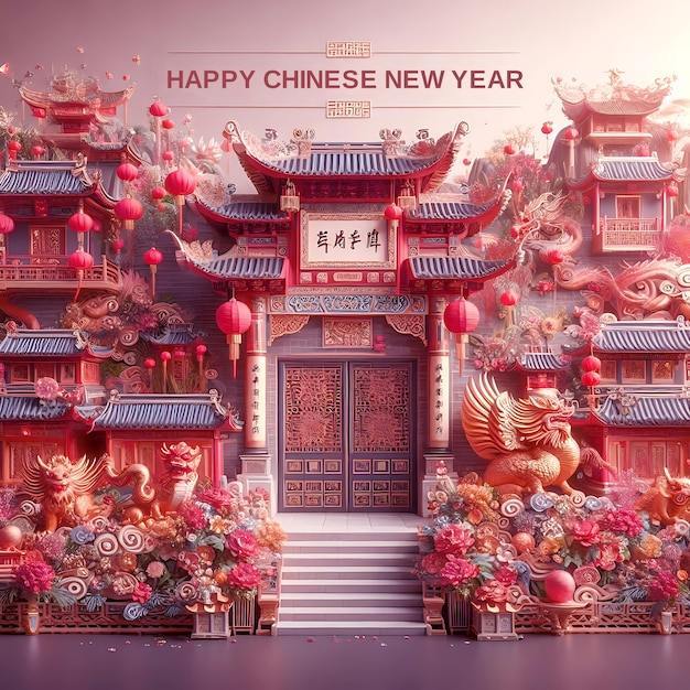 Illustrazione della celebrazione della festa del Capodanno cinese con albero di Sakura e decorazione di lanterne