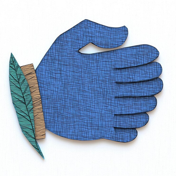 PSD illustrazione della mano blu con la piuma verde