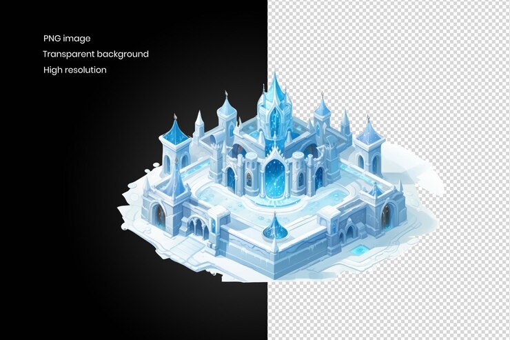 PSD illustrazione dettagliata del castello di ghiaccio con lo sfondo del cortile congelato rimosso