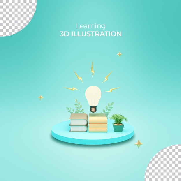 Illustrazione di apprendimento Rendering 3d con lampadina e libri