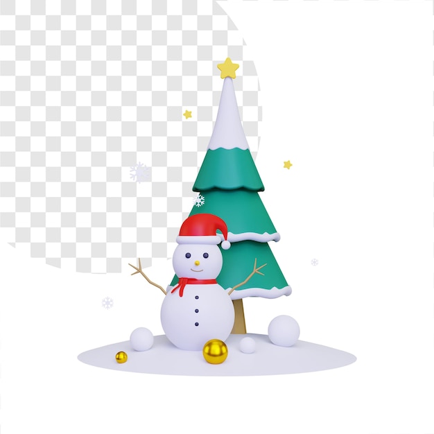 Illustrazione di concetto di albero di Natale 3d e pupazzo di neve